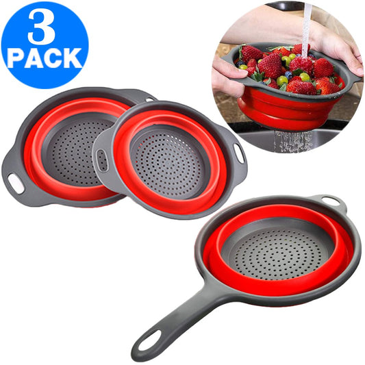 1 X Round Kitchen Collapsible Colanders and Strainers with Handles and 2PCS Round Kitchen Collapsible Colanders and Strainers Set Red