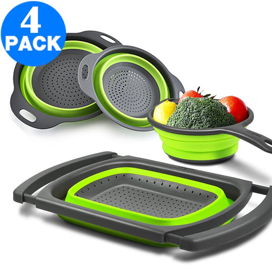 1 X Rectangle Collapsible Colanders with Extendable Handles and Round Collapsible Colanders with Handles and 2PCS Round Collapsible Colanders Set Green