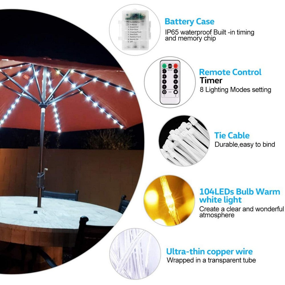 104LED 8 Modes Outdoor Battery Operated Remote Control String Lights for Patio Umbrella