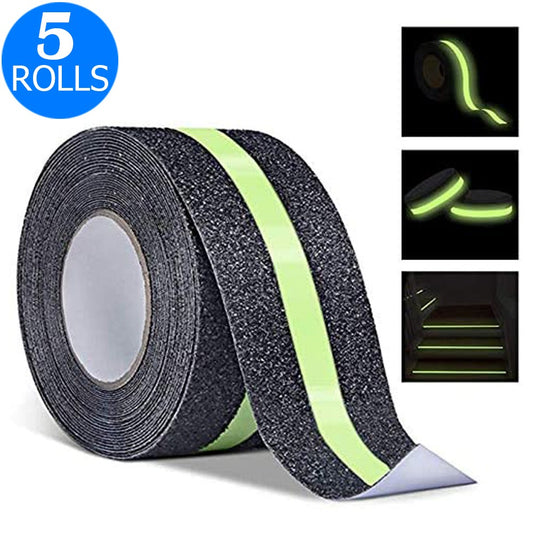 5 Rolls 5CMx5M Glowing in The Dark Grit Surface Anti Slip Grip Tape Hazard Caution Warning Tape for Outdoor Floor Home Stair Steps