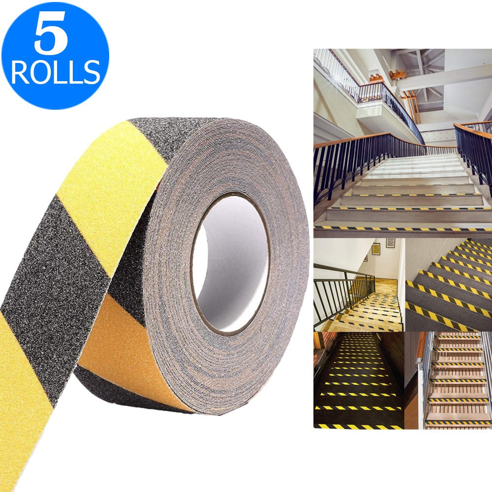 5 Rolls 5CMx5M Black and Yellow Grit Surface Anti Slip Grip Tape Hazard Caution Warning Tape for Outdoor Floor Home Stair Steps