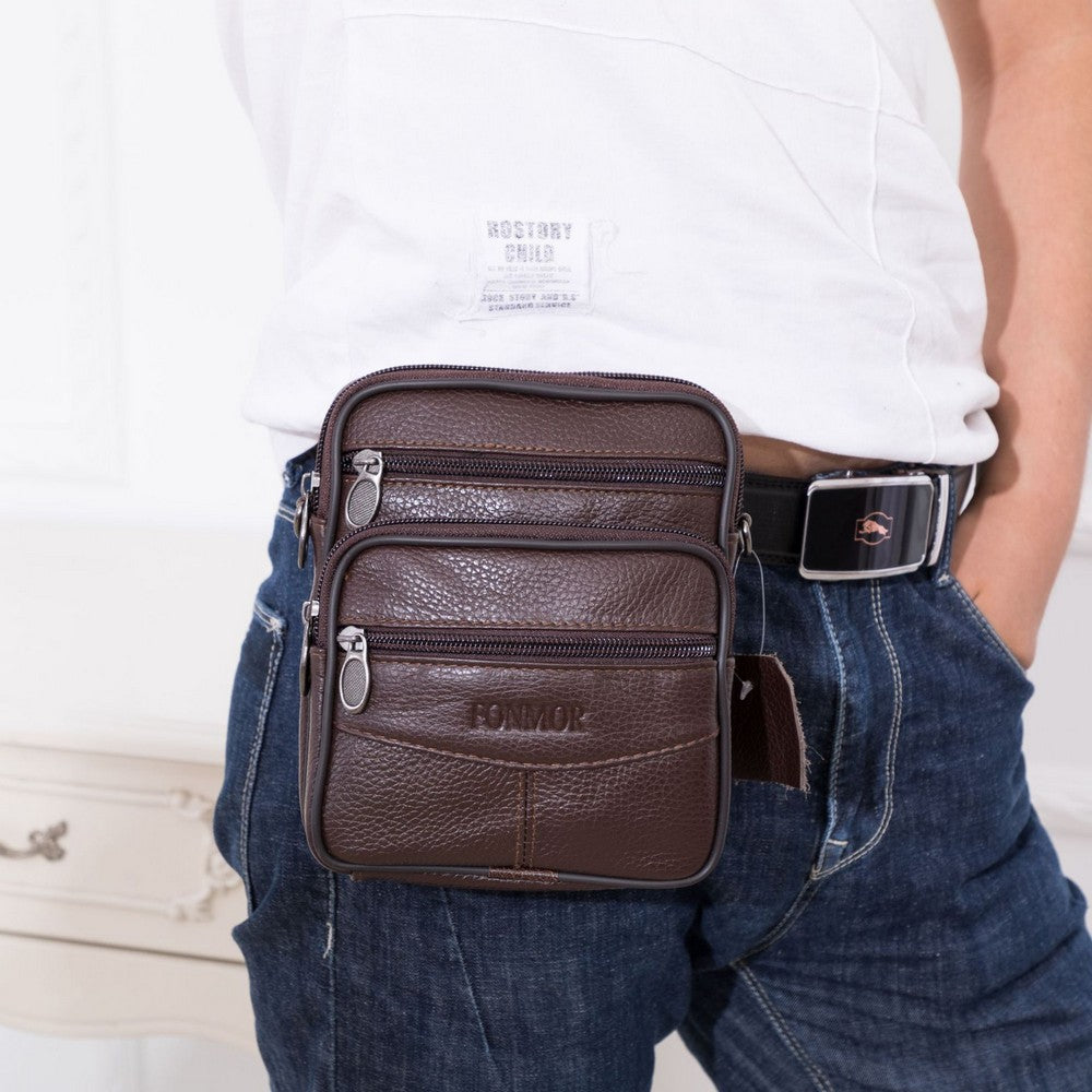 2 In 1 Men Genuine Leather Shoulder Bag Waist Purse Casual Crossbody Bag Style 1
