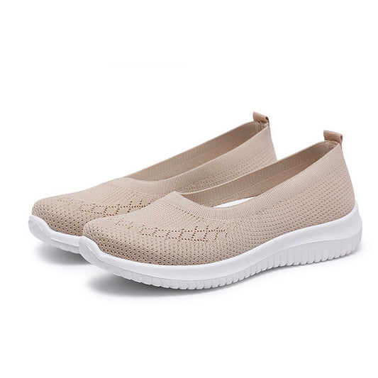 Women Flat Shoes Lightweight Breathable Round Toe Sneakers Walking Shoes Apricot