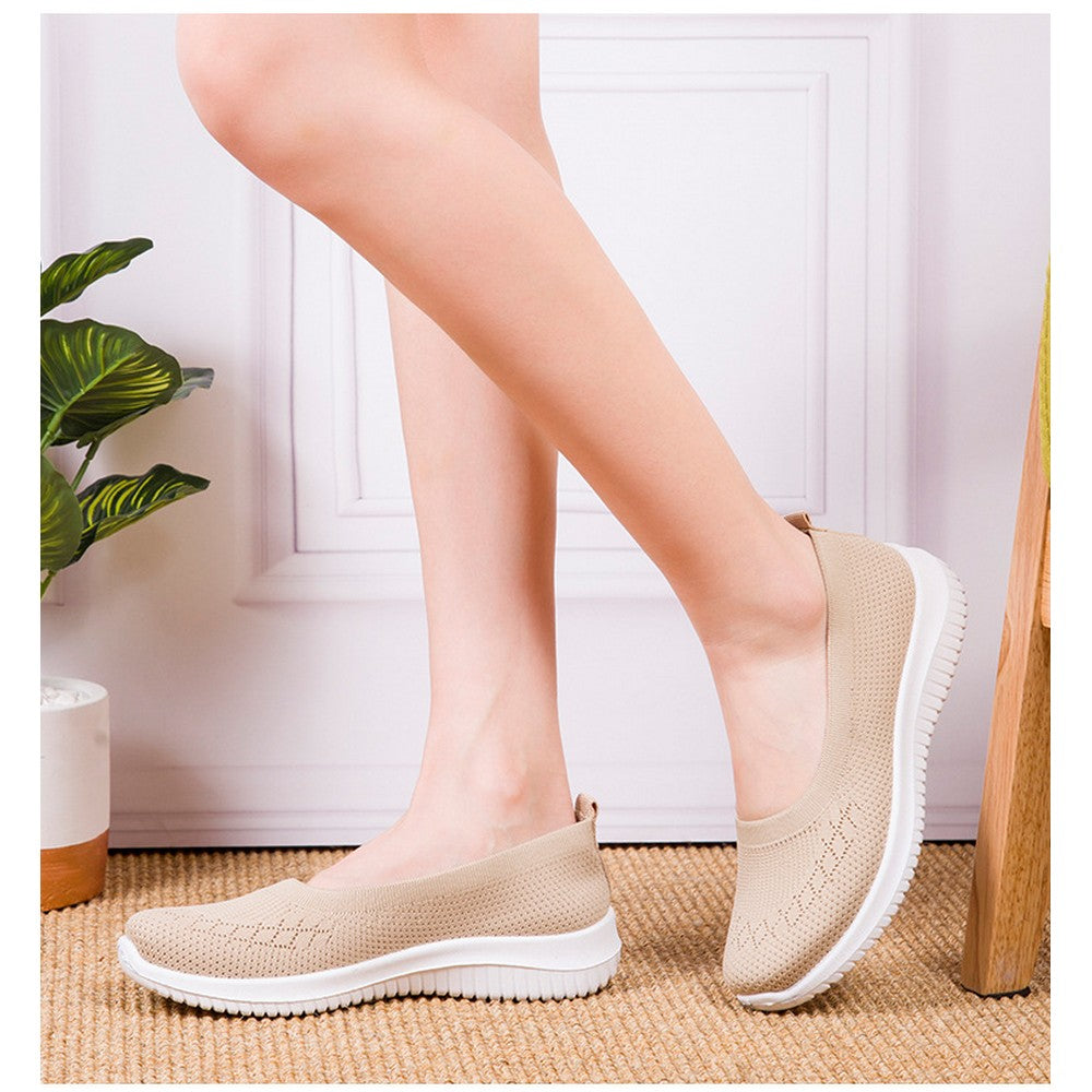Women Flat Shoes Lightweight Breathable Round Toe Sneakers Walking Shoes Apricot