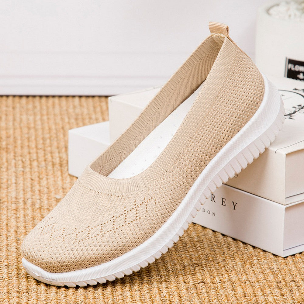 Women Flat Shoes Lightweight Breathable Round Toe Sneakers Walking Shoes Apricot