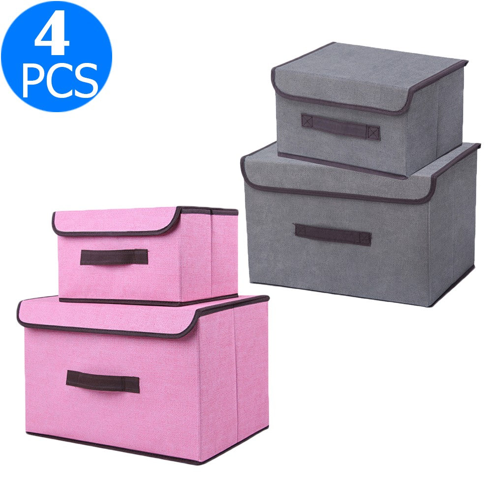 4PCS Foldable Collapsible Storage Cubes Bin Closet Organizer Basket Storage Boxes with Dustproof Lid Grey Pink