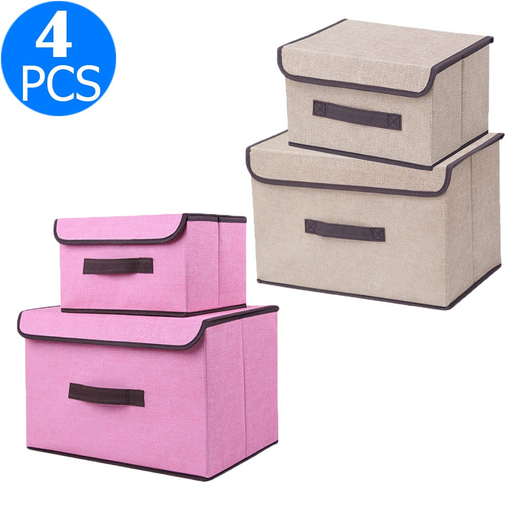4PCS Foldable Collapsible Storage Cubes Bin Closet Organizer Basket Storage Boxes with Dustproof Lid Beige Pink