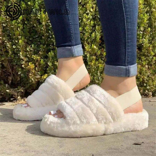 Womens Fluffy Open Toe House Slide Slipper Sandal Spa Bedroom Shoes Beige