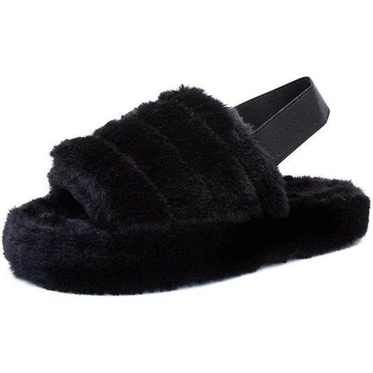 Womens Fluffy Open Toe House Slide Slipper Sandal Spa Bedroom Shoes Black