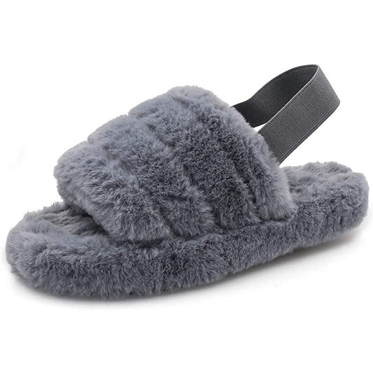 Womens Fluffy Open Toe House Slide Slipper Sandal Spa Bedroom Shoes Grey