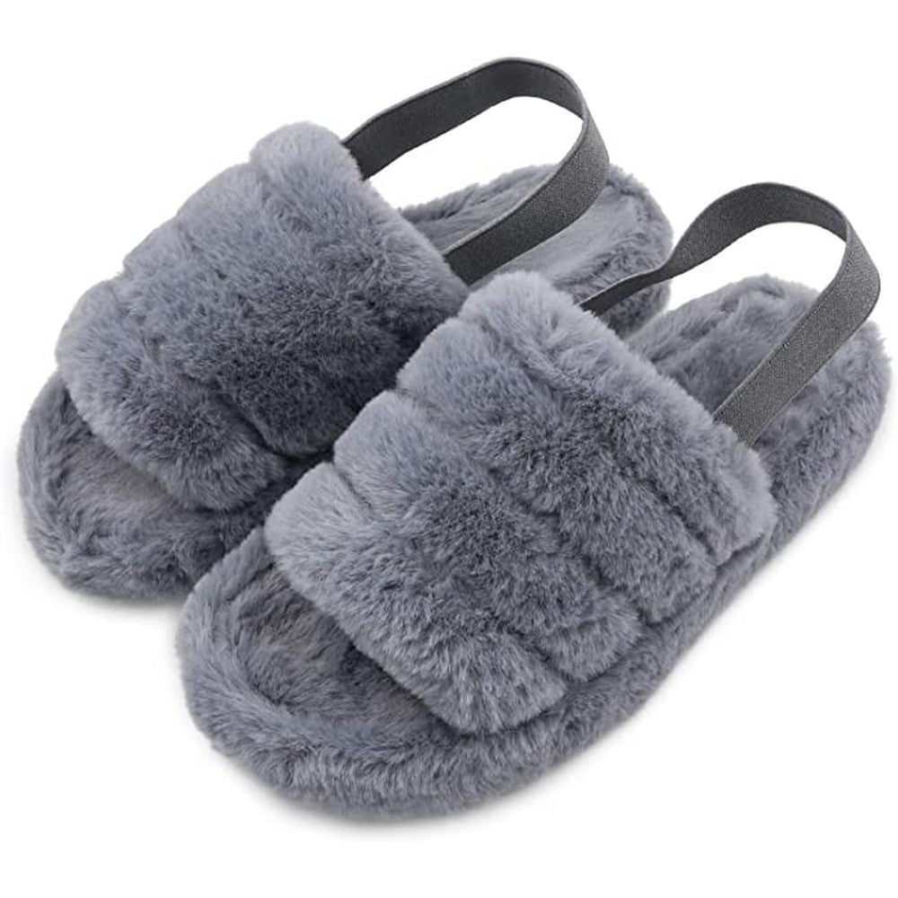 Womens Fluffy Open Toe House Slide Slipper Sandal Spa Bedroom Shoes Grey