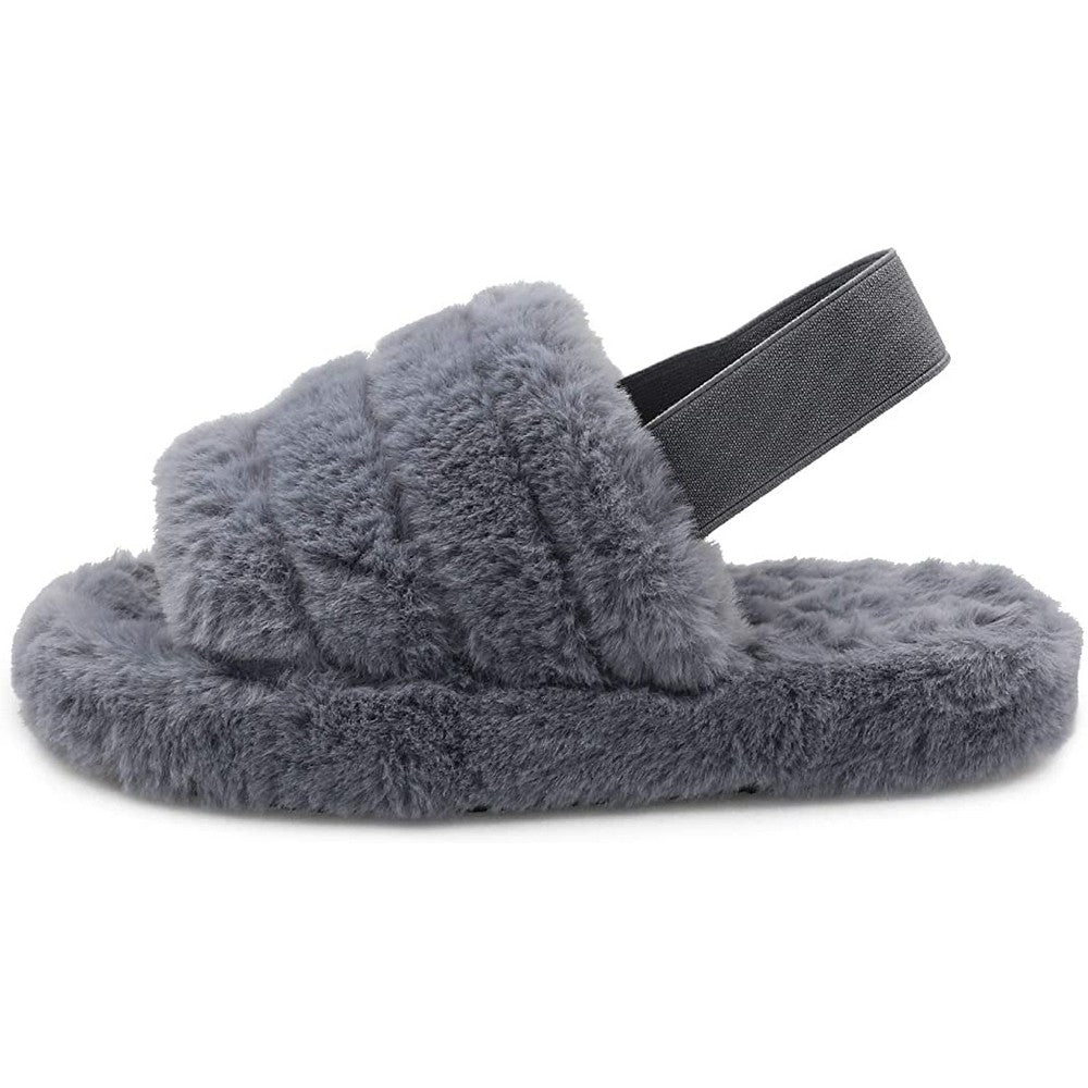 Womens Fluffy Open Toe House Slide Slipper Sandal Spa Bedroom Shoes Grey