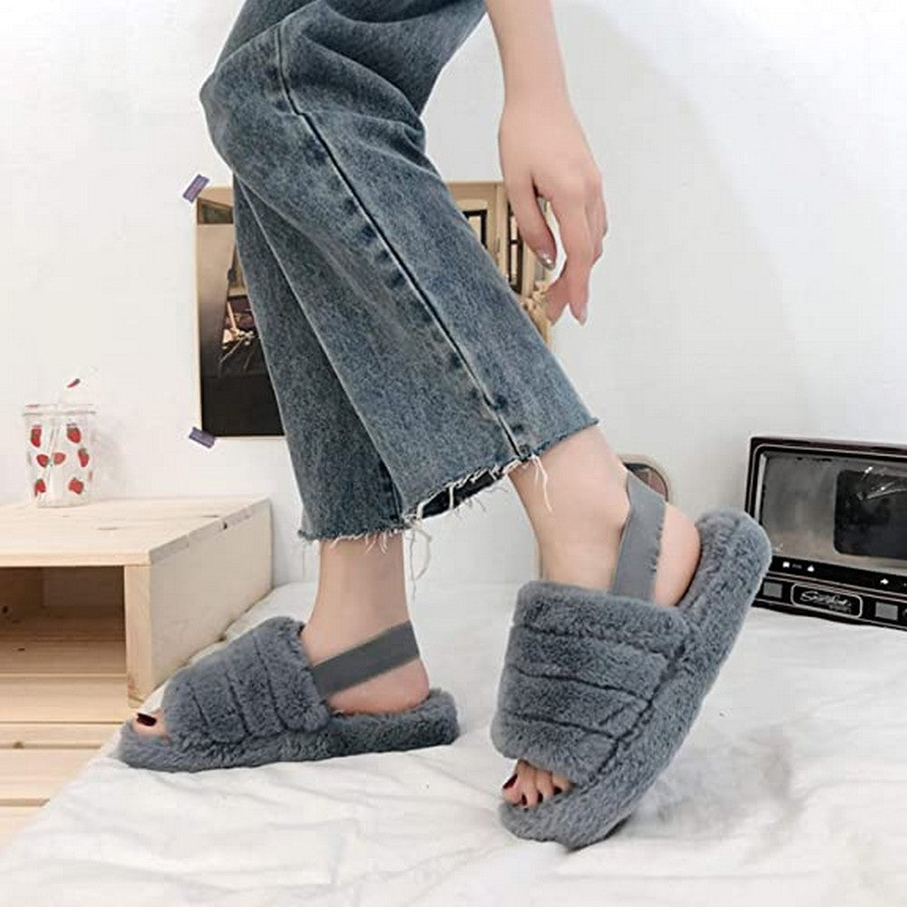 Womens Fluffy Open Toe House Slide Slipper Sandal Spa Bedroom Shoes Grey