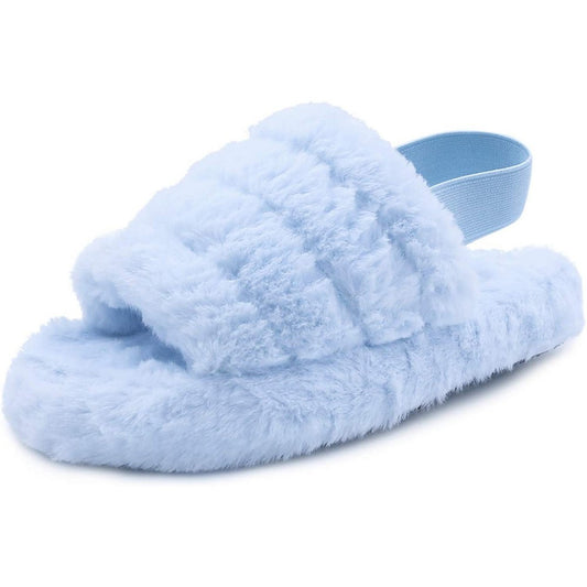 Womens Fluffy Open Toe House Slide Slipper Sandal Spa Bedroom Shoes Light Blue