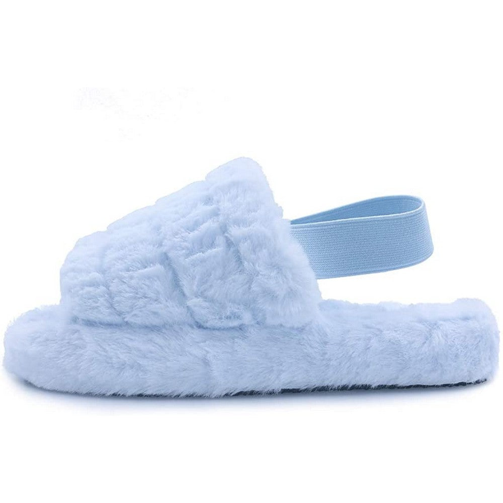 Womens Fluffy Open Toe House Slide Slipper Sandal Spa Bedroom Shoes Light Blue