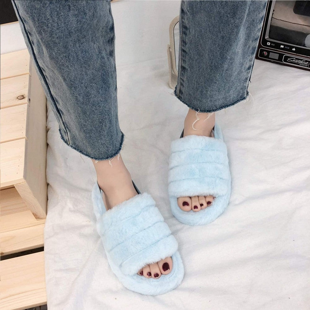 Womens Fluffy Open Toe House Slide Slipper Sandal Spa Bedroom Shoes Light Blue