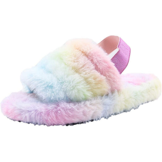 Womens Fluffy Open Toe House Slide Slipper Sandal Spa Bedroom Shoes Multicolor