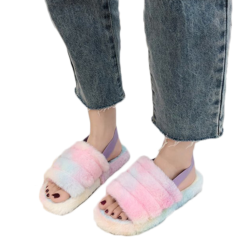 Womens Fluffy Open Toe Slipper Sandal Spa Bedroom Shoes Multicolor NZ 10.5