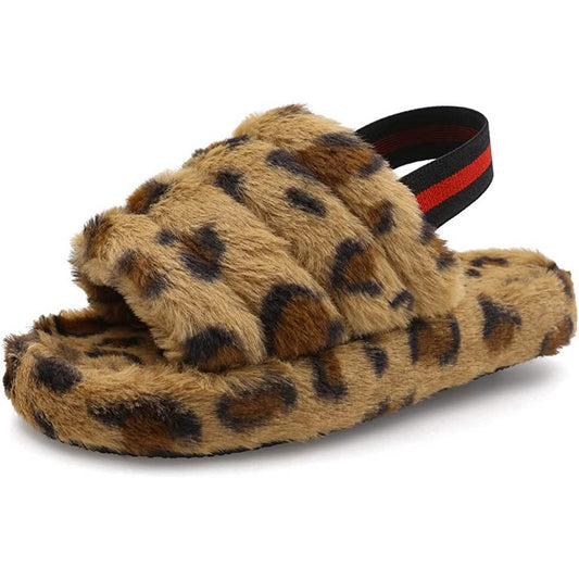 Womens Leopard Printed Fluffy Open Toe House Slide Slipper Sandal Spa Bedroom Shoes