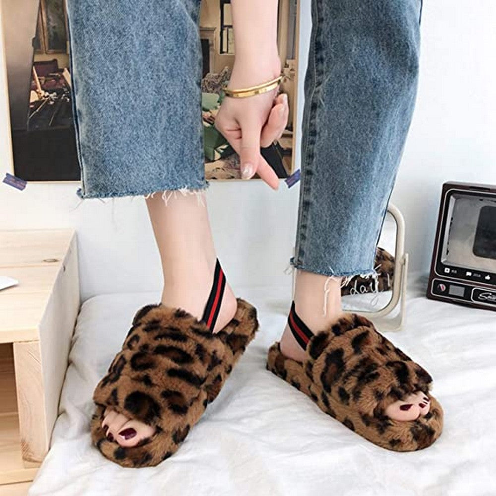 Womens Leopard Printed Fluffy Open Toe House Slide Slipper Sandal Spa Bedroom Shoes