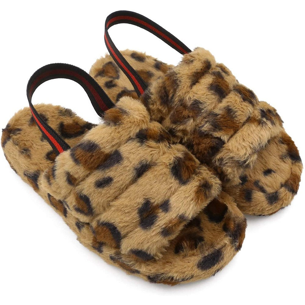 Womens Leopard Printed Fluffy Open Toe House Slide Slipper Sandal Spa Bedroom Shoes