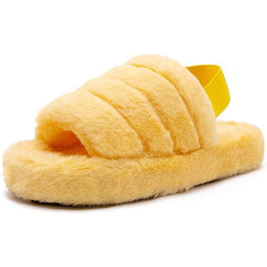 Womens Fluffy Open Toe House Slide Slipper Sandal Spa Bedroom Shoes Yellow
