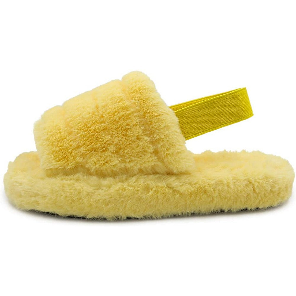 Womens Fluffy Open Toe House Slide Slipper Sandal Spa Bedroom Shoes Yellow