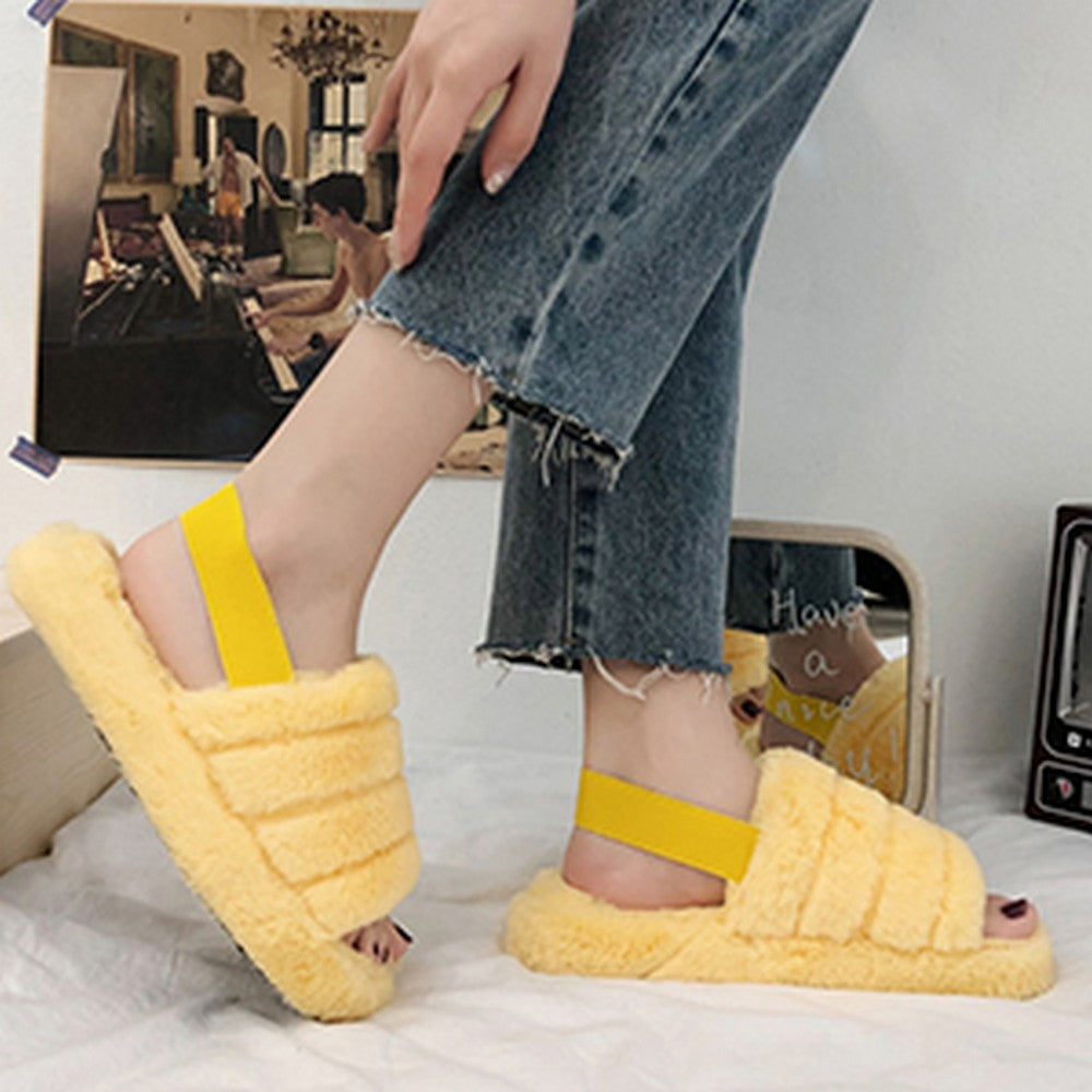 Womens Fluffy Open Toe House Slide Slipper Sandal Spa Bedroom Shoes Yellow
