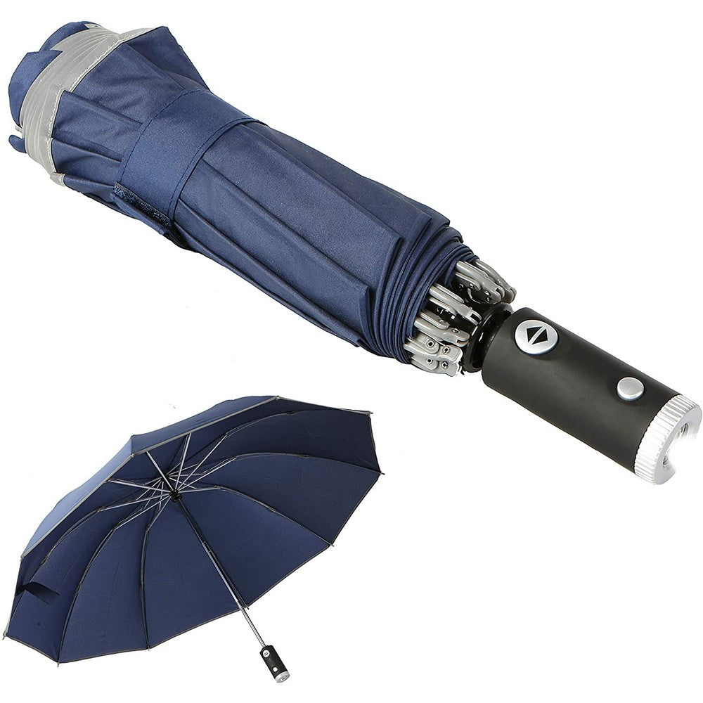 Rainproof Windproof Travel Compact Folding Automatic Umbrella with Flashlight and Reflective Strip Design