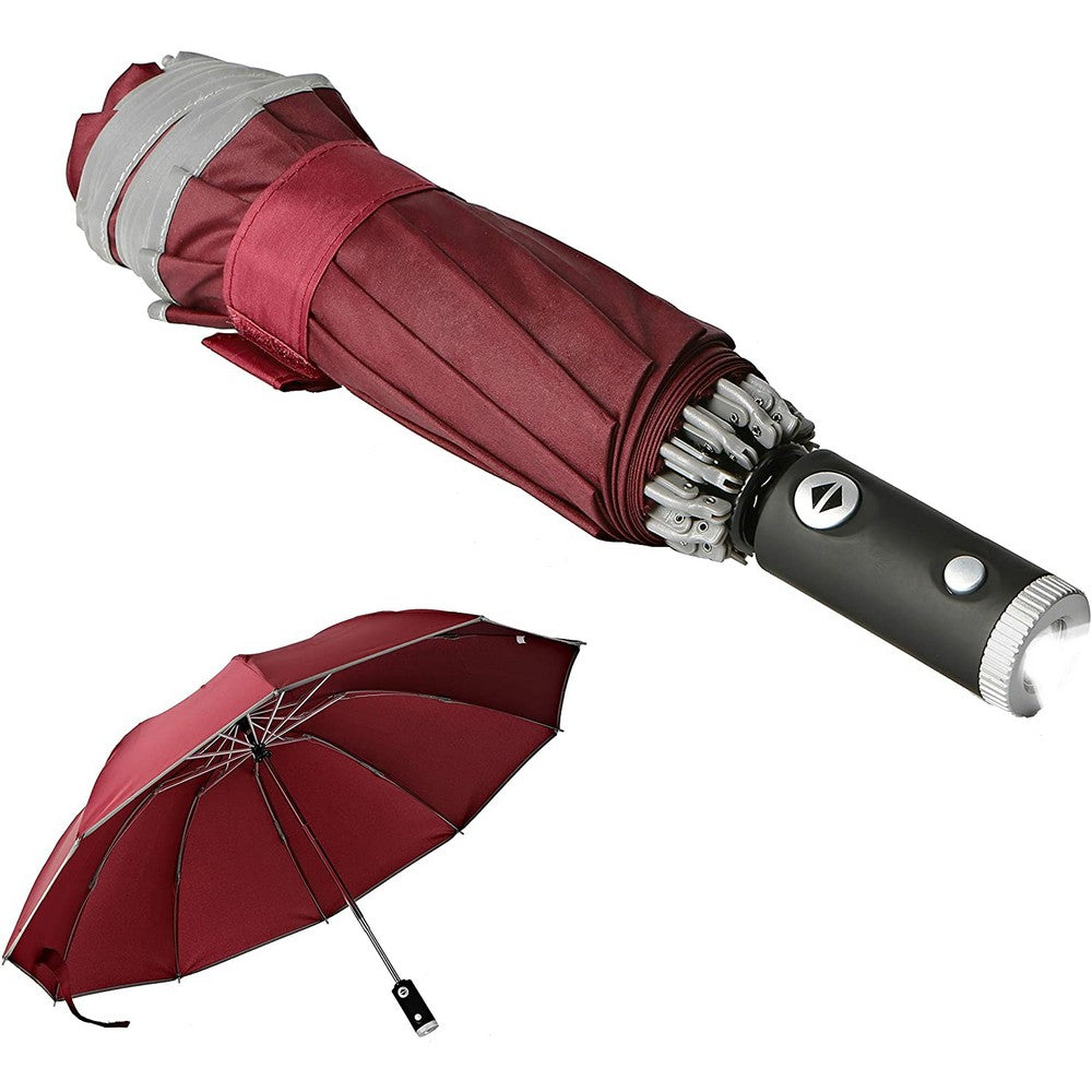 Rainproof Windproof Travel Compact Folding Automatic Umbrella with Flashlight and Reflective Strip Design