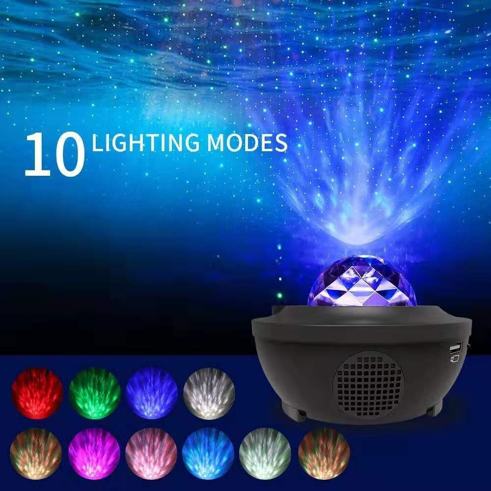2 In 1 Remote Control Speaker LED Ocean Wave Night Light Star Projector Sound Motion Sensor Lamp Black