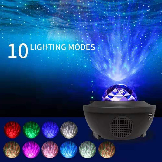 2 In 1 Remote Control Speaker LED Ocean Wave Night Light Star Projector Sound Motion Sensor Lamp Black