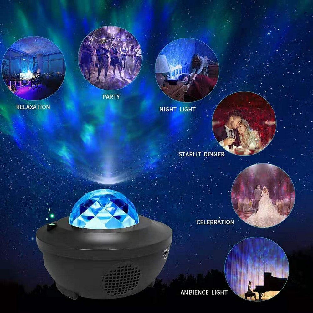 2 In 1 Remote Control Speaker LED Ocean Wave Night Light Star Projector Sound Motion Sensor Lamp Black
