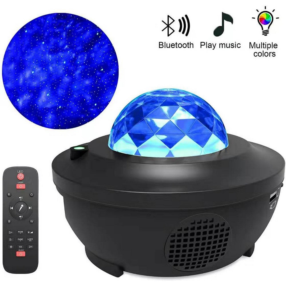2 In 1 Remote Control Speaker LED Ocean Wave Night Light Star Projector Sound Motion Sensor Lamp Black