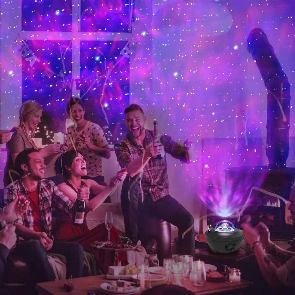 2 In 1 Remote Control Speaker LED Ocean Wave Night Light Star Projector Sound Motion Sensor Lamp Black