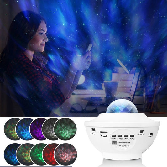 2 In 1 Remote Control Speaker LED Ocean Wave Night Light Star Projector Sound Motion Sensor Lamp White