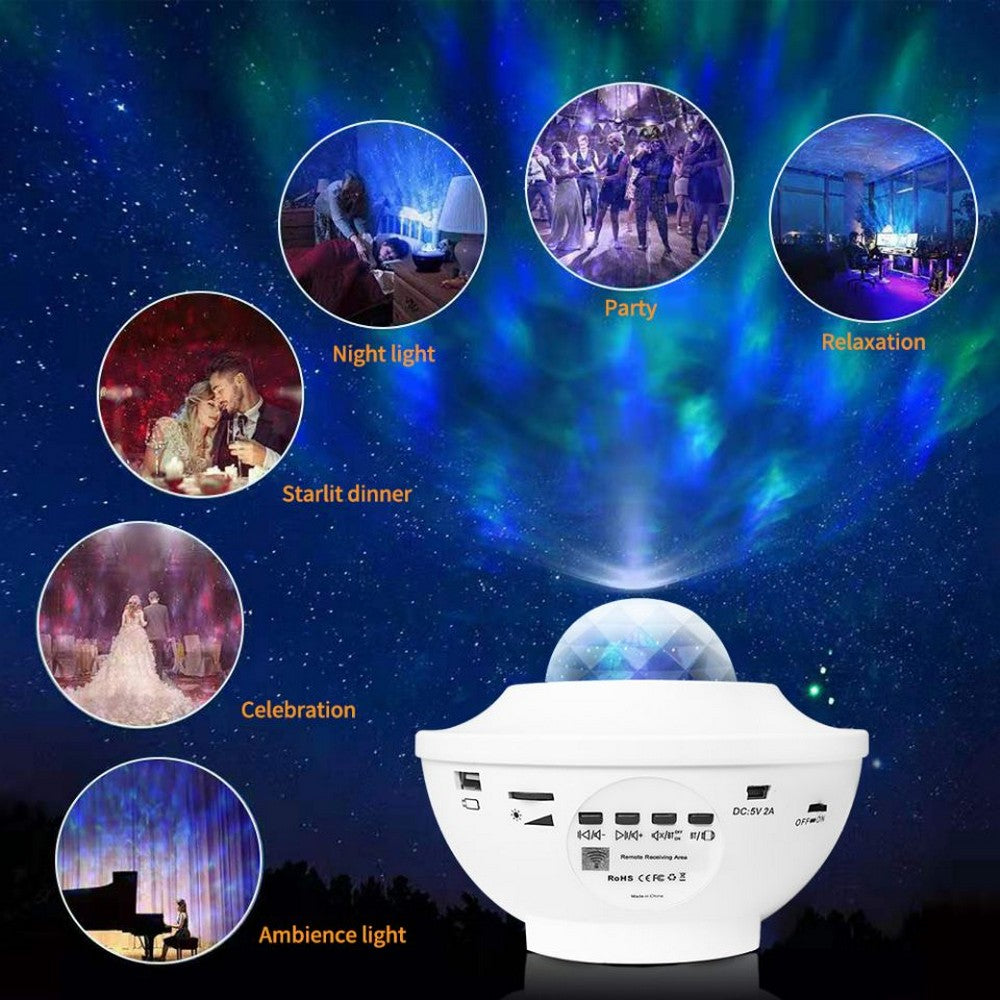 2 In 1 Remote Control Speaker LED Ocean Wave Night Light Star Projector Sound Motion Sensor Lamp White