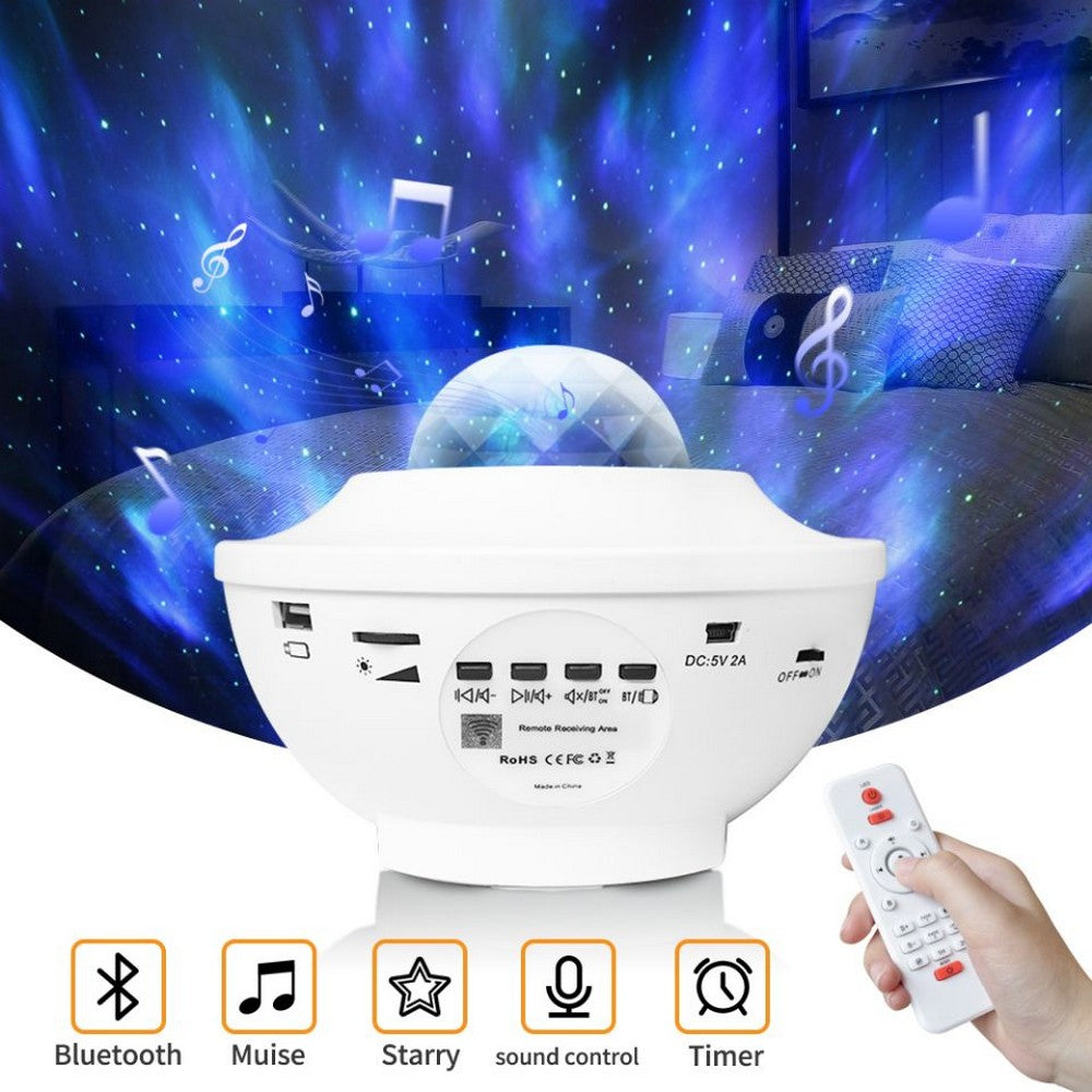 2 In 1 Remote Control Speaker LED Ocean Wave Night Light Star Projector Sound Motion Sensor Lamp White