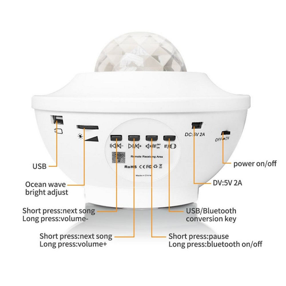 2 In 1 Remote Control Speaker LED Ocean Wave Night Light Star Projector Sound Motion Sensor Lamp White