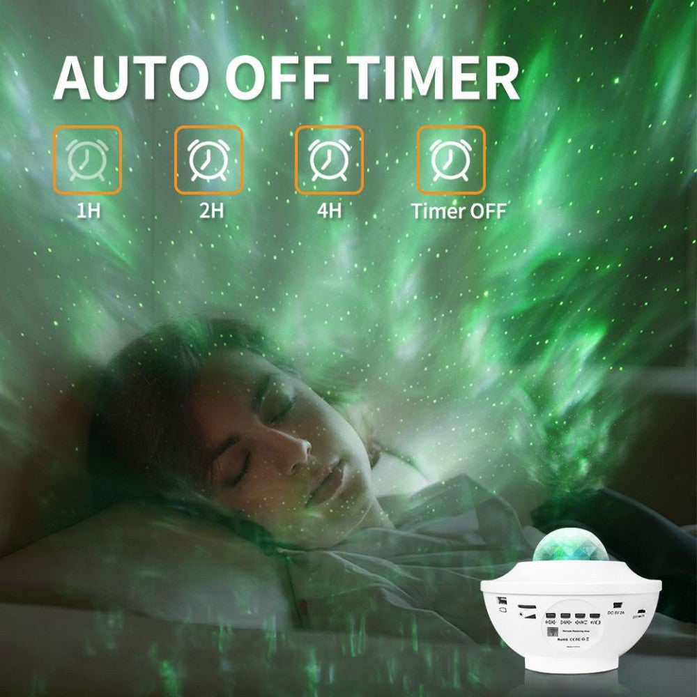 2 In 1 Remote Control Speaker LED Ocean Wave Night Light Star Projector Sound Motion Sensor Lamp White