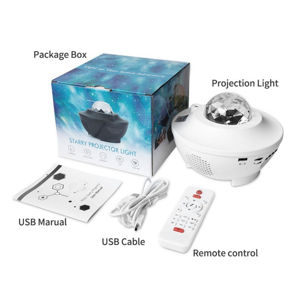 2 In 1 Remote Control Speaker LED Ocean Wave Night Light Star Projector Sound Motion Sensor Lamp White