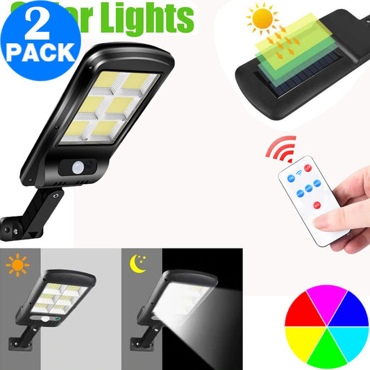 2 Pack 100 128 120COB Remote Control Outdoor Security Solar Powered Lights PIR Motion Sensor Lamp