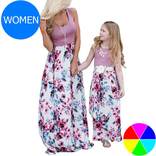 Summer Floral Printed Mommy and Daughter Matching Maxi Dress with Pockets for Women
