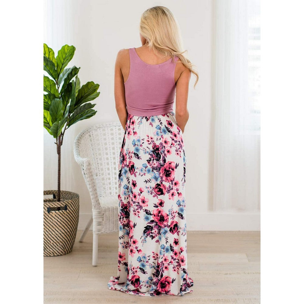 Summer Floral Printed Mommy and Daughter Matching Maxi Dress with Pockets for Girls