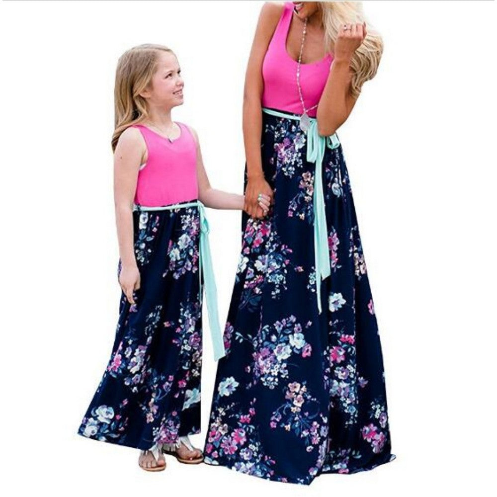 Summer Floral Printed Mommy and Daughter Matching Maxi Dress with Pockets for Girls