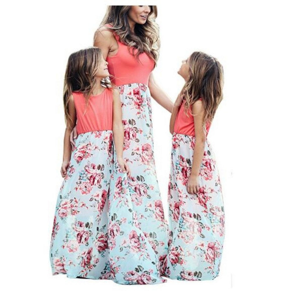 Summer Floral Printed Mommy and Daughter Matching Maxi Dress with Pockets for Girls
