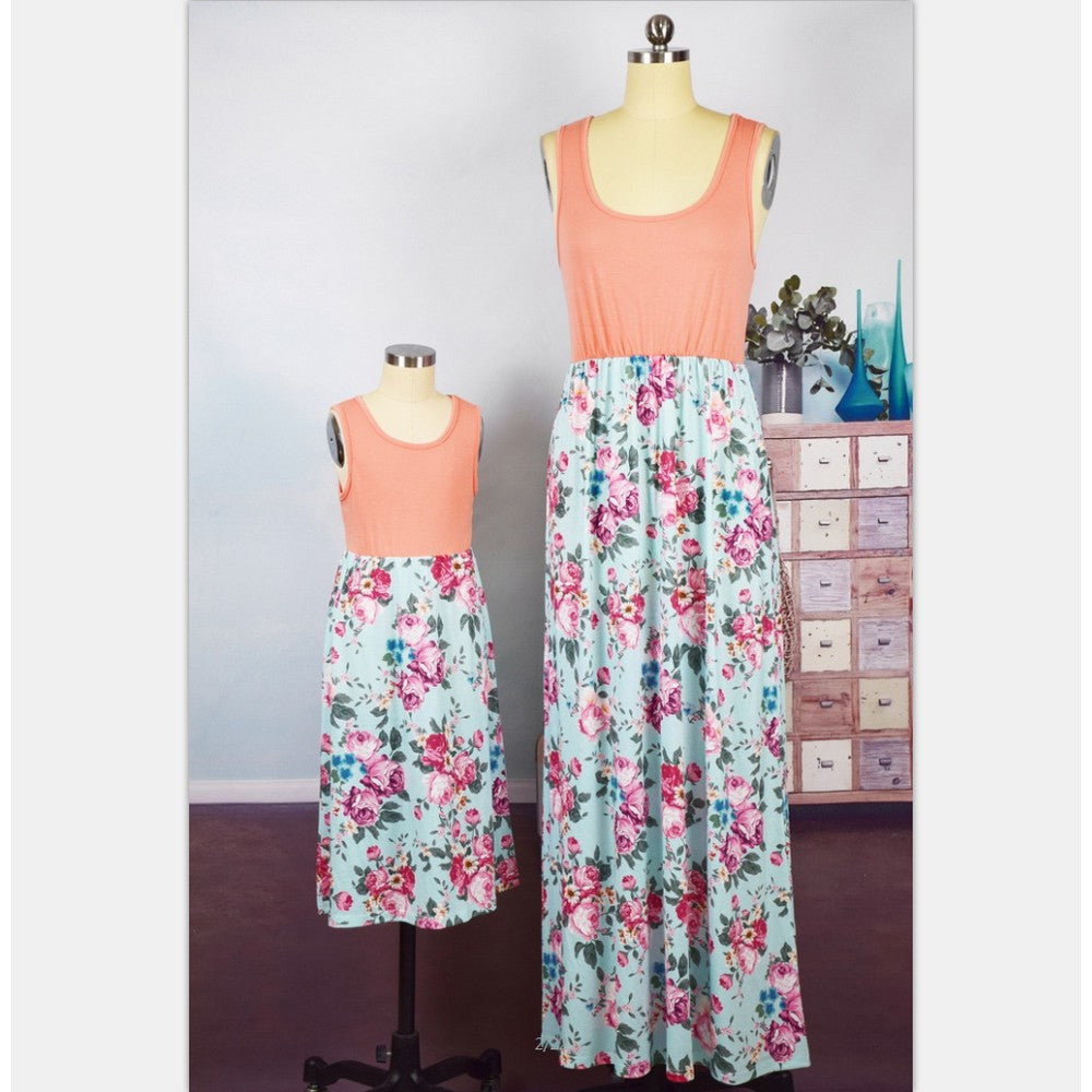 Summer Floral Printed Mommy and Daughter Matching Maxi Dress with Pockets for Girls