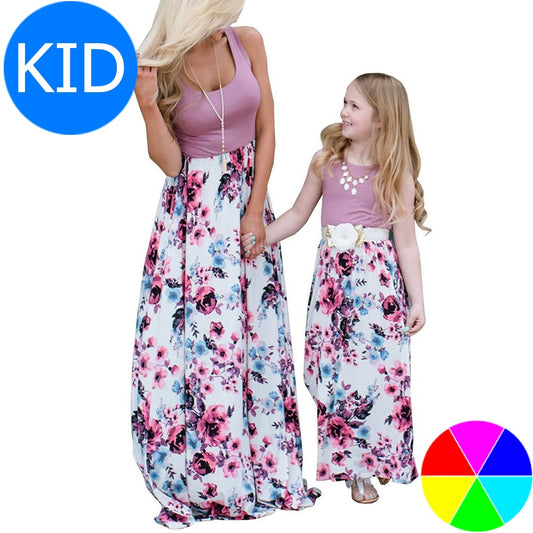 Summer Floral Printed Mommy and Daughter Matching Maxi Dress with Pockets for Girls