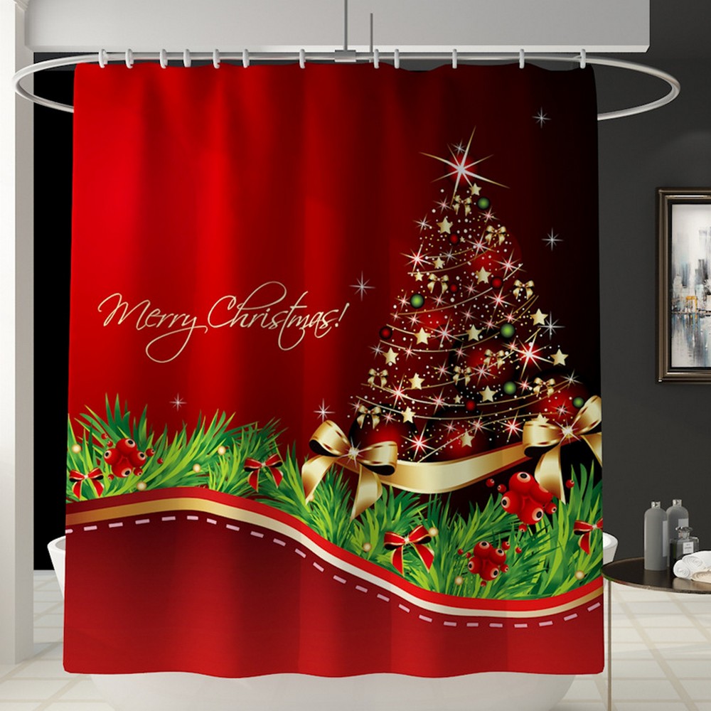 Christmas Printed Shower Curtain and Toilet Lid Cover and Bath Mat and Bathroom Rug Set Style 2