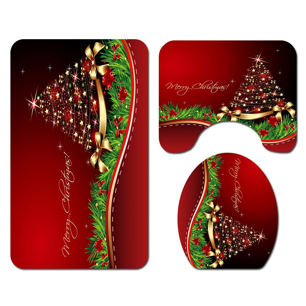 Christmas Printed Shower Curtain and Toilet Lid Cover and Bath Mat and Bathroom Rug Set Style 2